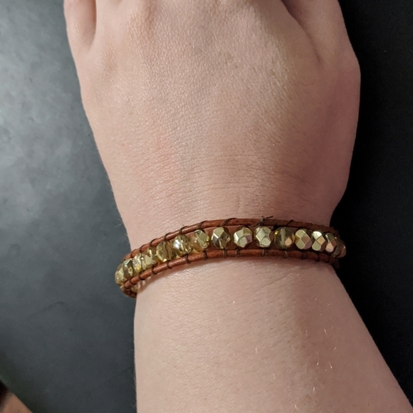 Gold Tone Beaded and Brown Leather Cord Statement Bracelet - Picture 1 of 6